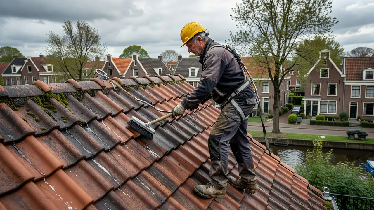 Algenvorming op een schuin dak met zichtbare groene aanslag en preventieve maatregelen