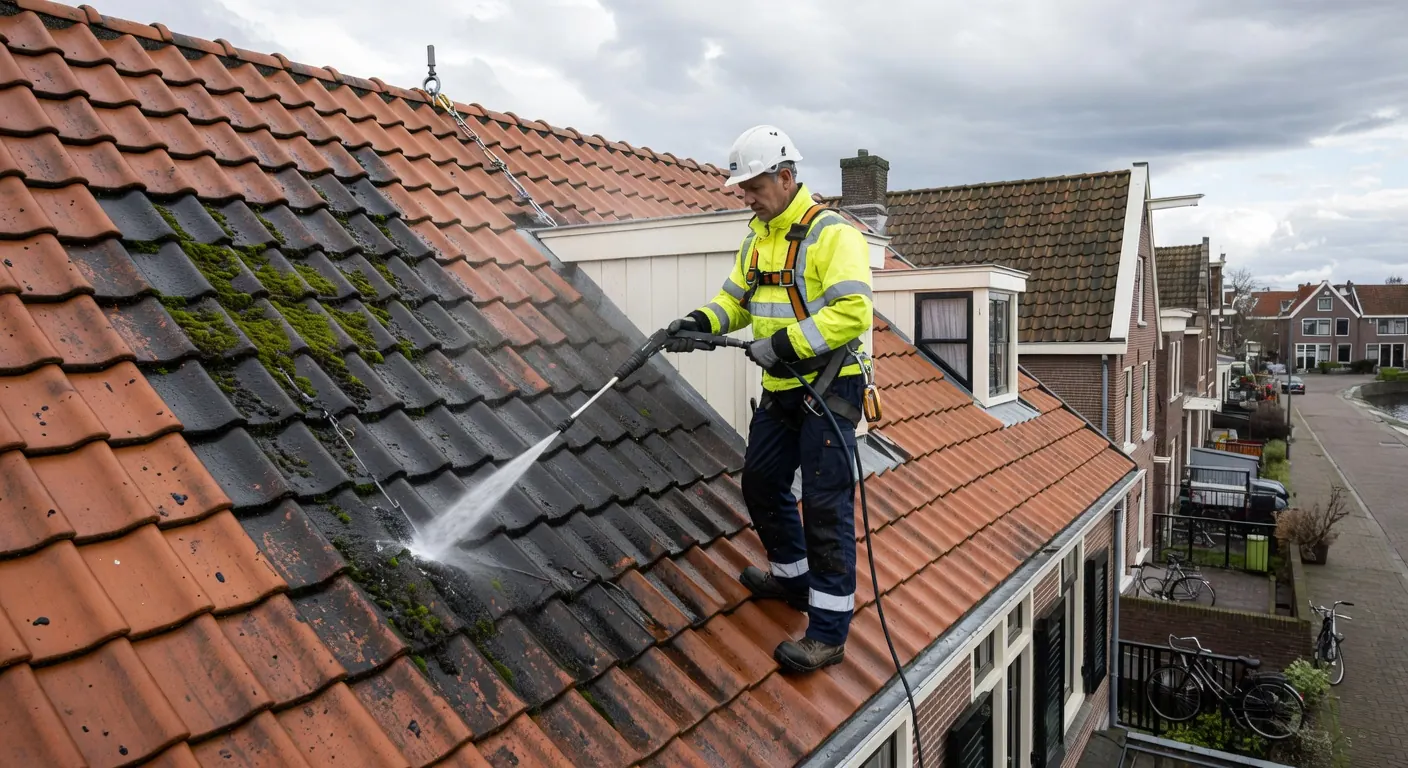 Gecertificeerde dakreiniger aan het werk op een schuin dak in 2026