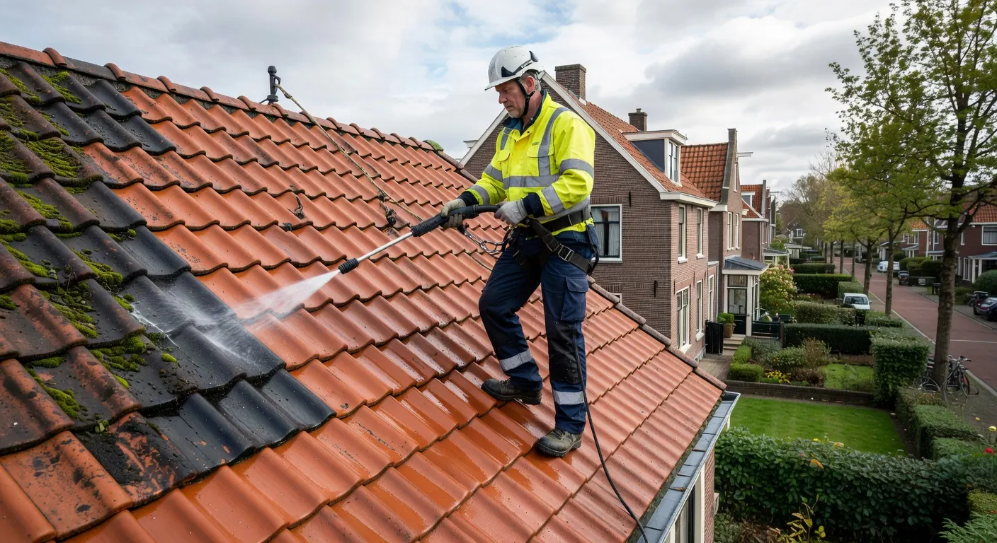 Professionele dakreiniging in het voorjaar op een schone woning