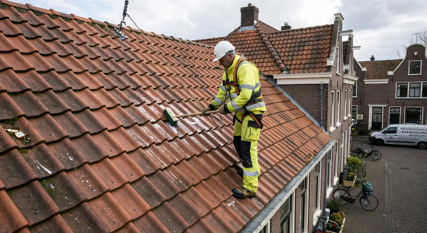 Antimos behandeling op een schoon dak met zichtbare chemische werking