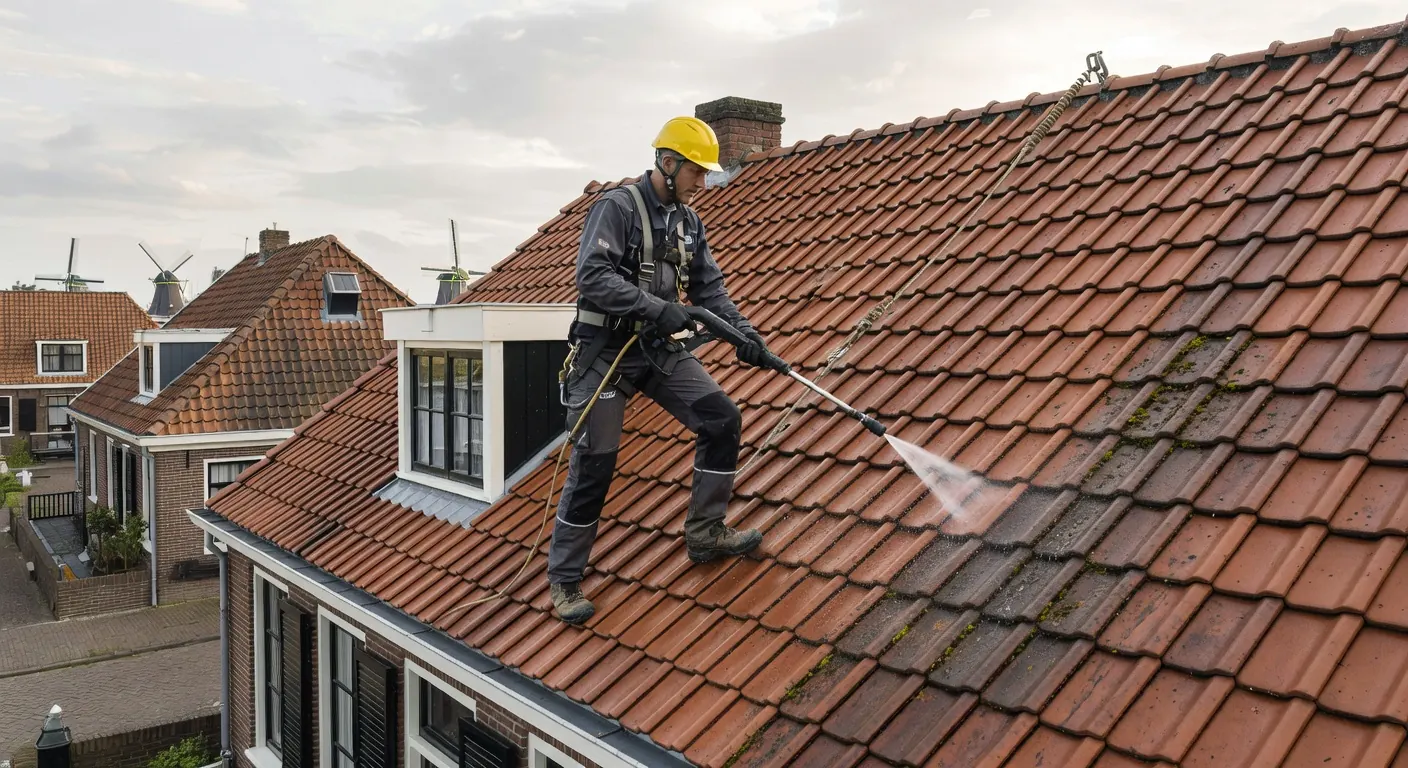 Veilig dak reinigen met professionele uitrusting en ladder
